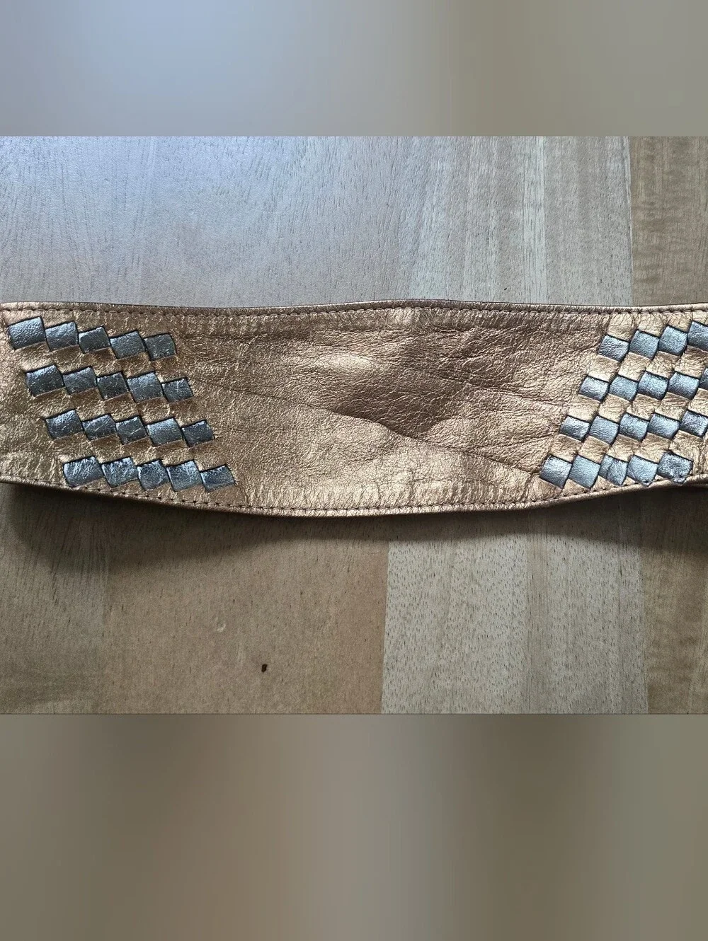 Vintage Omega Leather Wide Contour Belt Metallic Gold Silver Woven Obi Waist